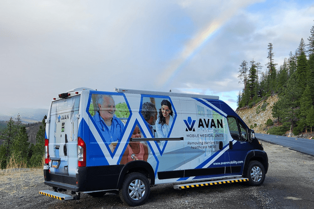 AVAN Mobile Clinic Demo van with rainbow in California